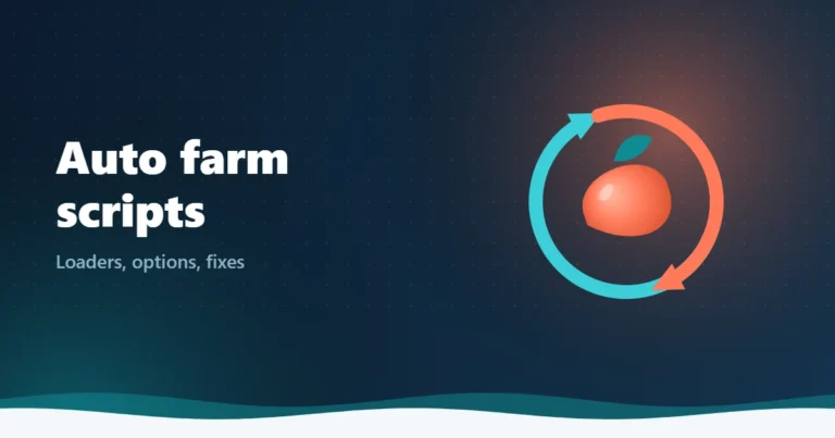 Illustration of looping arrows around a fruit beside the text Auto farm scripts