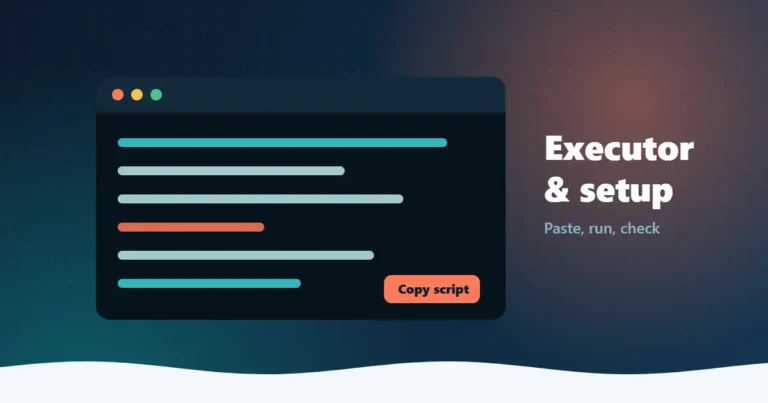 Illustration of a code window with a Copy script button next to the text Executor and setup