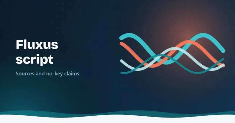 Illustration of flowing teal and coral waves beside the text Fluxus script