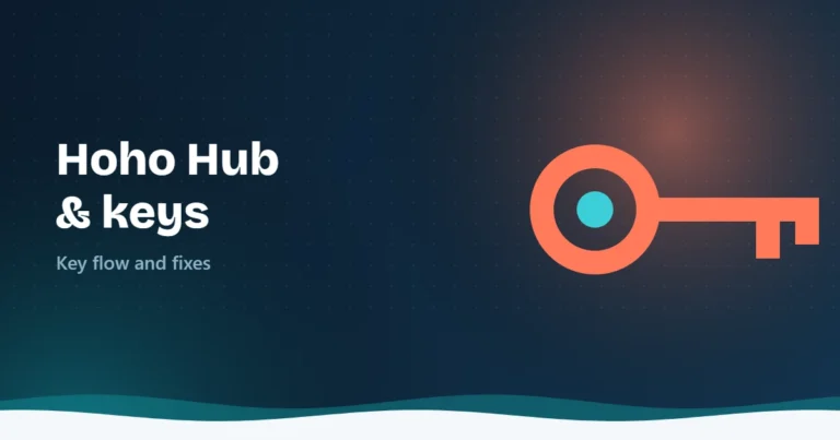 Illustration of a large coral key beside the text Hoho Hub and keys