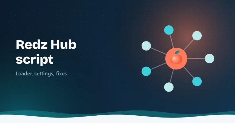 Illustration of a central hub connected to smaller nodes beside the text Redz Hub script