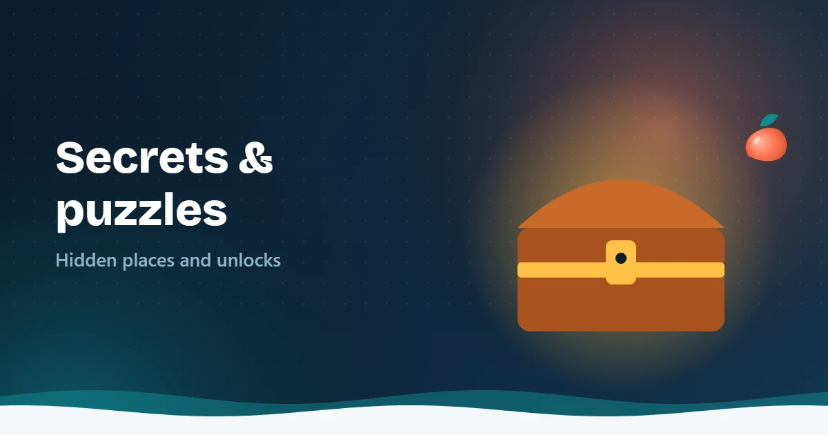 Illustration of a glowing treasure chest beside the text Secrets and puzzles