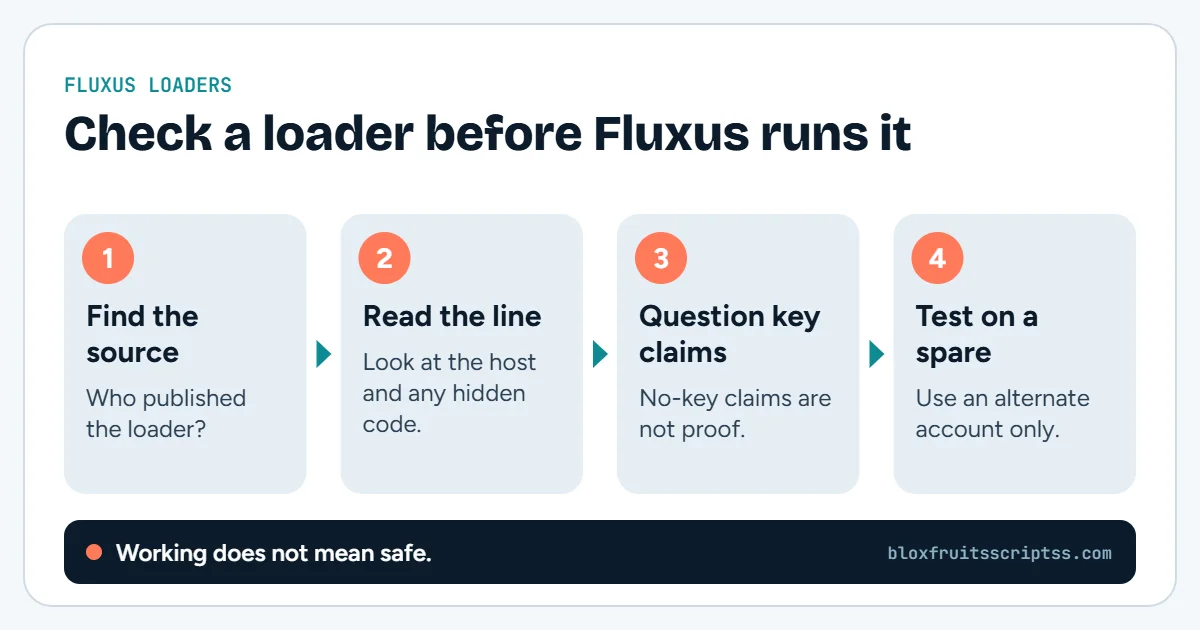 Infographic with four checks before running a Fluxus loader: find the source, read the line, question key claims, and test on a spare account.