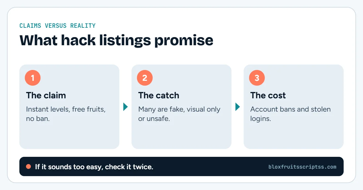 Infographic showing the claim, the catch and the cost of Blox Fruits hacks and cheats: big promises, fake or unsafe tools, and risk of bans and stolen logins.
