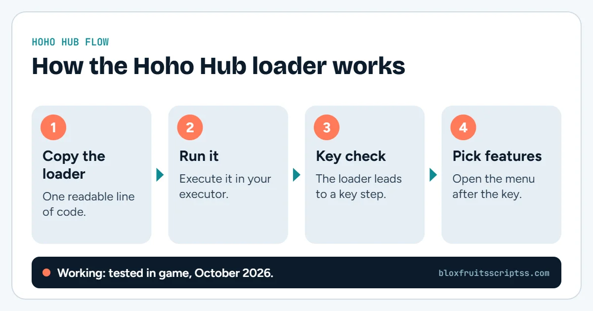 Infographic with four steps showing how the Hoho Hub loader works: copy the loader, run it, pass the key check, and pick features.