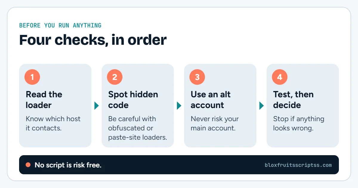 Infographic with four safety checks before running a Blox Fruits script: read the loader, spot hidden code, use an alternate account, and test then decide.